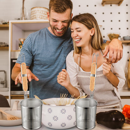 Tessco 4 Pcs Pasta Strainer, 4.7" x 5.2'' Stainless Steel Pasta Basket Mesh Cooker with Wood Handle, Spider Strainer Kitchen Skimmer for Food Dumpling Noodle Blanching(Light Color)