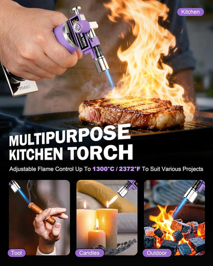 RAVS Butane Torch Lighter - Refillable Kitchen Torch with Adjustable Flame & Safety Buckle - Purple