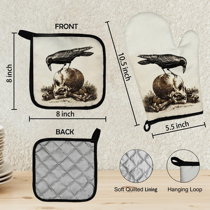 Mingnei Raven Skull Halloween Oven Mitts and Pot Holders Sets, Goth Raven Heat Resistant Potholder Kitchen Decor for Cooking Baking BBQ Grilling, Gothic Oven Glove Set, Gothic Gifts