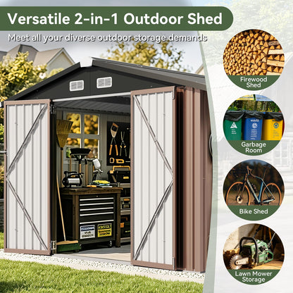 Aoxun 8x12 FT Outdoor Storage Shed with Open Firewood Storage,Galvanized Steel Garden Shed with Lockable Doors,Sloped Roof,Windows, 2 in 1 Large Metal Tool Shed for Patio, Backyard, Lawn (Brown)