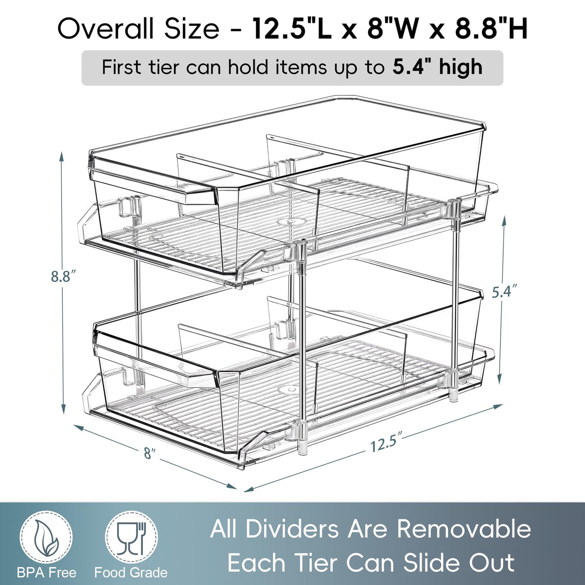 2 Set, 2 Tier Clear Organizer with Dividers for Cabinet, Shlef, Counter - MultiUse Slide-Out Storage Container - Kitchen, Pantry, Medicine Cupboard Bins, Bathroom, Vanity Makeup, Under Sink Organizing