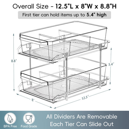 2 Set, 2 Tier Clear Organizer with Dividers for Cabinet, Shlef, Counter - MultiUse Slide-Out Storage Container - Kitchen, Pantry, Medicine Cupboard Bins, Bathroom, Vanity Makeup, Under Sink Organizing