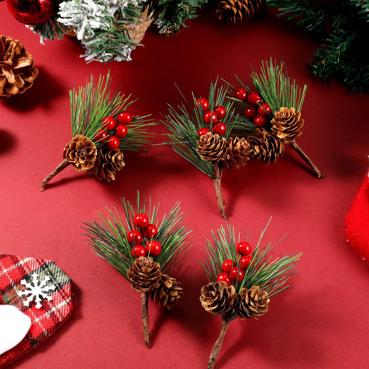 WILLBOND 24 Pieces Christmas Floral Picks, Artificial Pine Picks Christmas Pine Needles Branches with Berry Pinecones Fake Berries for Flower Arrangements Wreaths Xmas Tree Decoration(Red)