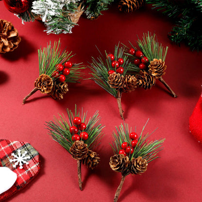 WILLBOND 24 Pieces Christmas Floral Picks, Artificial Pine Picks Christmas Pine Needles Branches with Berry Pinecones Fake Berries for Flower Arrangements Wreaths Xmas Tree Decoration(Red)