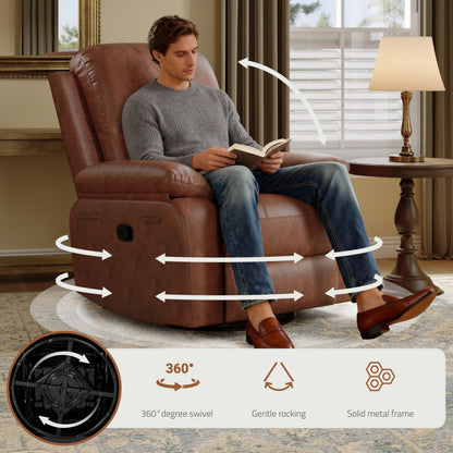 Attalee Leather Swivel Rocker Recliner Chair, Traditional Manual Chair, Upholstered Nursery Glider Rocking Recliner, Comfy Faux Leather Single Sofa with Pocket Spring for Living Room, Camel