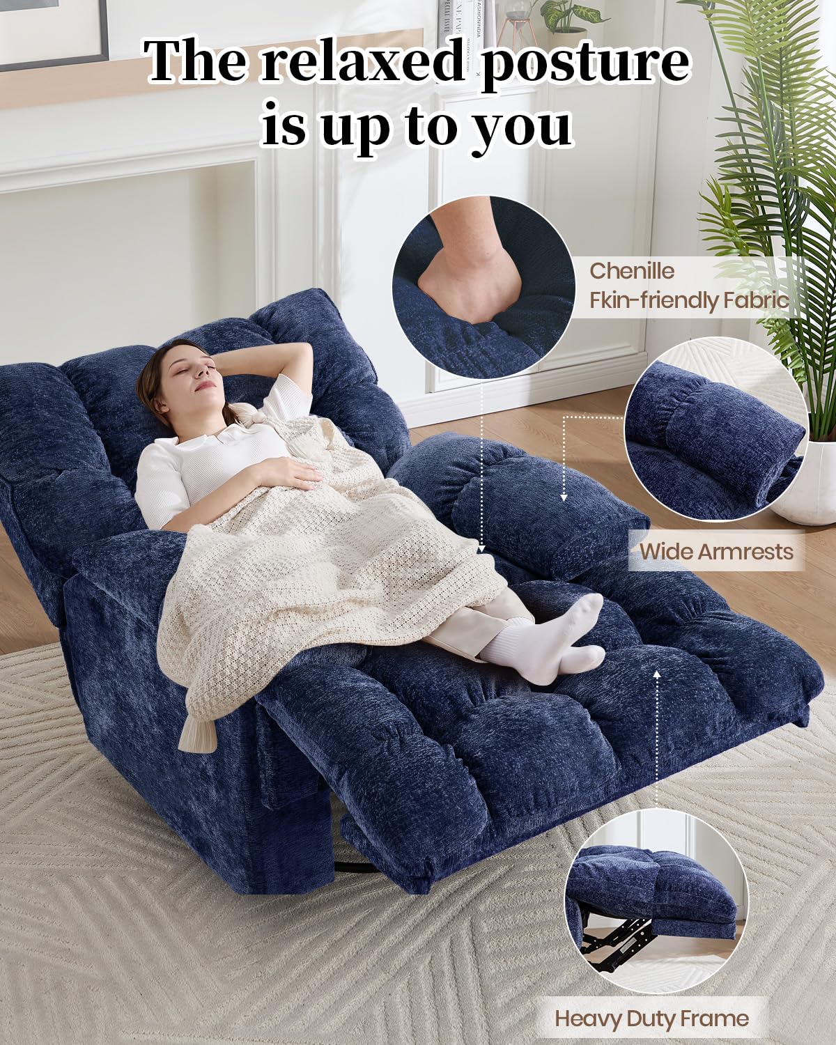 GARTMILAN Oversized Power Swivel Rocker Recliner Chair for Big and Tall, Electric Chenille Glider with USB Ports, Extra Wide Overstuffed Reclining Sofa for Living Room Nursery, 375lbs (Blue, Power)
