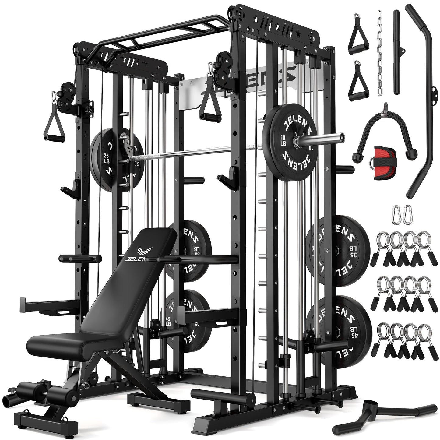 JELENS Smith Machine for Home Gym, Multi-Function M12 Power Cage, Squat Rack with Smith Bar and More Attachment (Black, 230LB Black Weights Package)