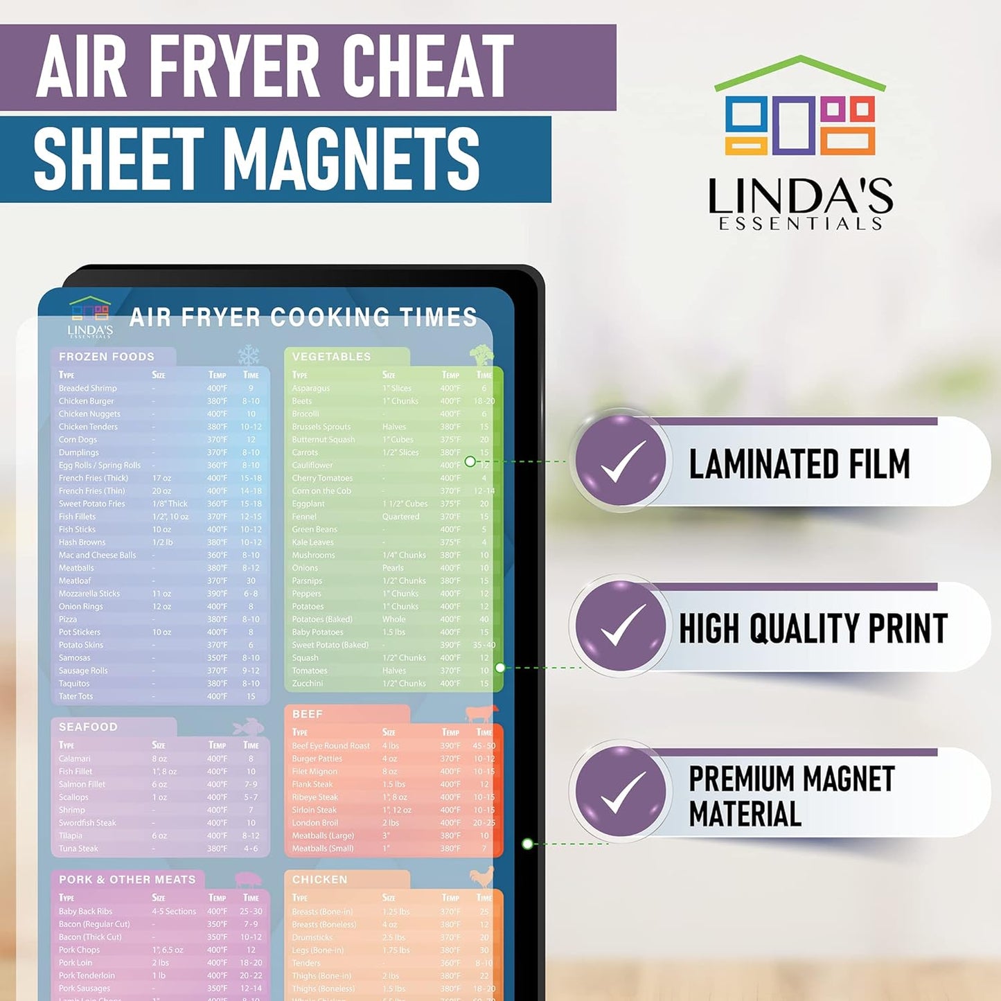 Air Fryer Magnetic Cheat Sheet Set by Linda’s Essentials - Quick Reference Guide for Cooking Times & Kitchen Conversions