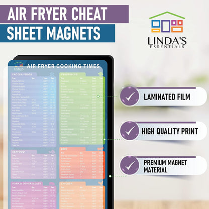 Air Fryer Magnetic Cheat Sheet Set by Linda’s Essentials - Quick Reference Guide for Cooking Times & Kitchen Conversions