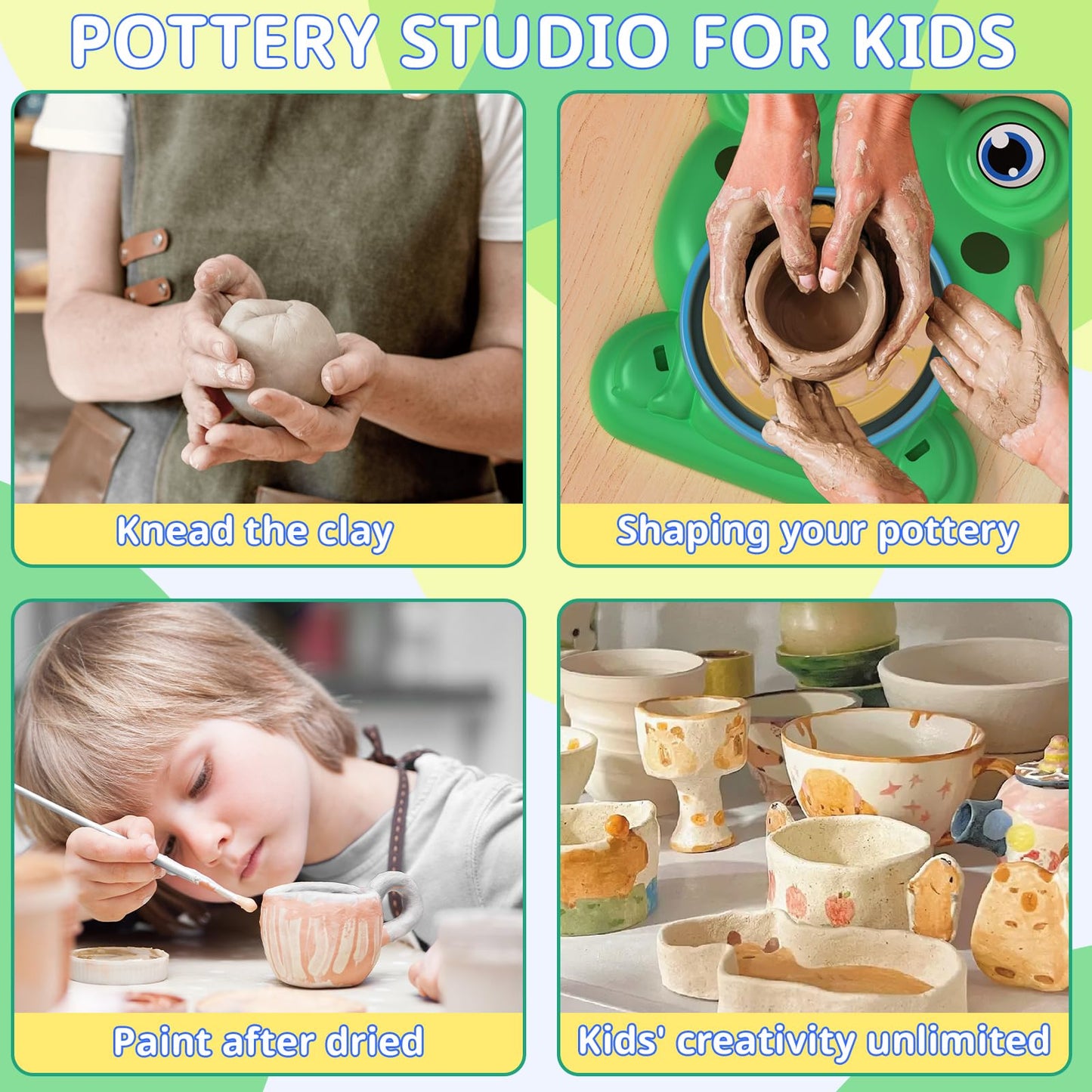 Aujazyble Pottery Wheel for Kids - Complete Pottery Painting Kit Arts and Crafts for Kids Ages 8-12 with 3 Pack Air Dry Clay Art Supplies Toys for Girls Boy Birthday Gift for 6 7 8 9 10 11 12+