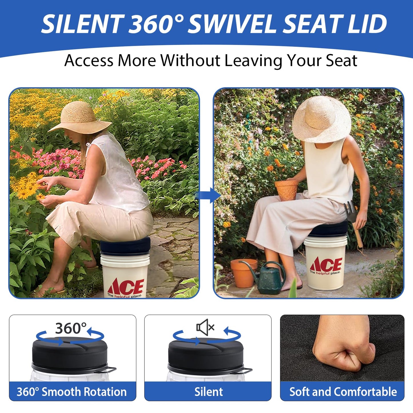 Presentastic 5 Gallon Bucket Seat with 3" Thick Seat Foam Cushion, 360°Swivel Bucket Lid Seat, Waterproof & Silent Bucket Seats for Ice Fishing, Baseball, Hunting and Camping