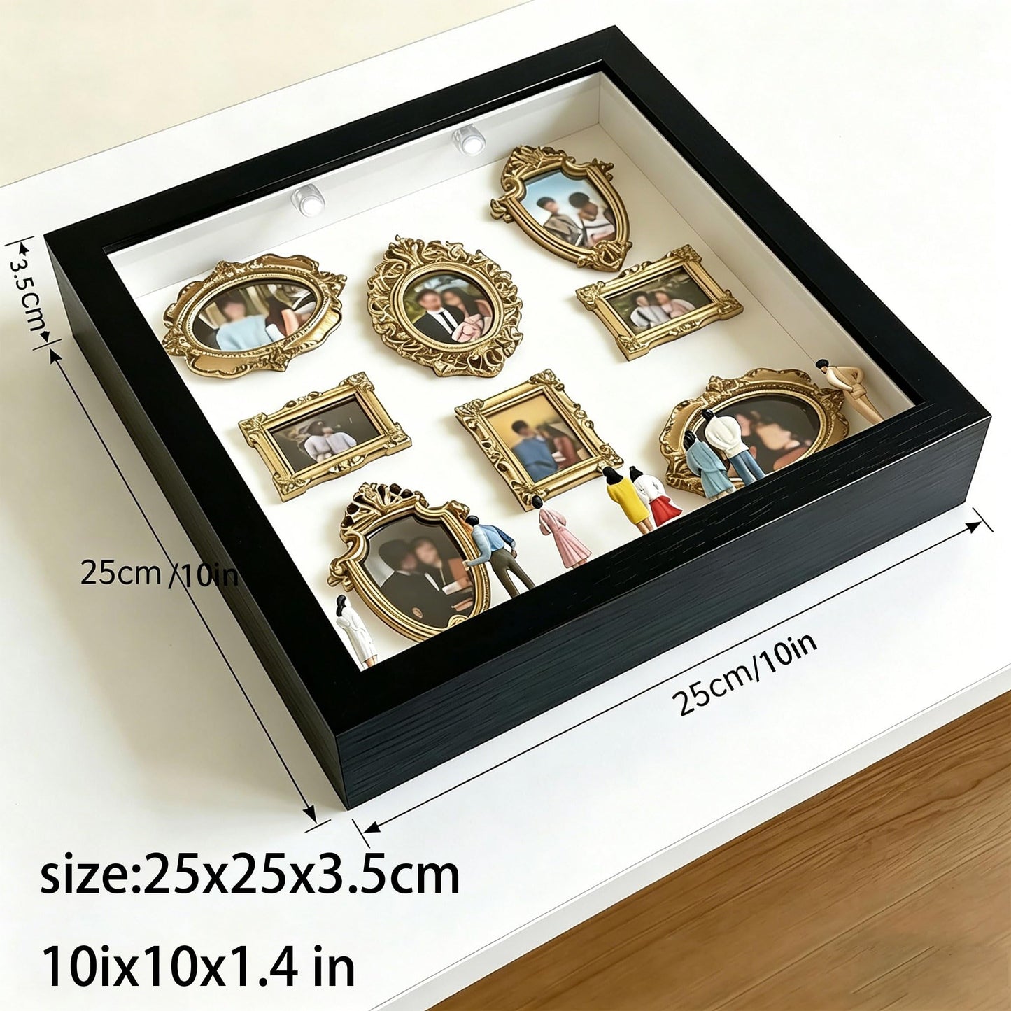 Mini Museum Silhouette Shadow Box Frame, DIY Memory Display Photo Craft Kit with LED String Lights, Mini Gold Frames & Figurines, Keepsake Box for Wedding Anniversary Family Milestone Gift (Black)