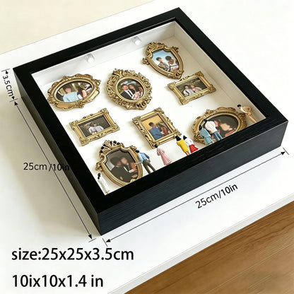 Mini Museum Silhouette Shadow Box Frame, DIY Memory Display Photo Craft Kit with LED String Lights, Mini Gold Frames & Figurines, Keepsake Box for Wedding Anniversary Family Milestone Gift (Black)