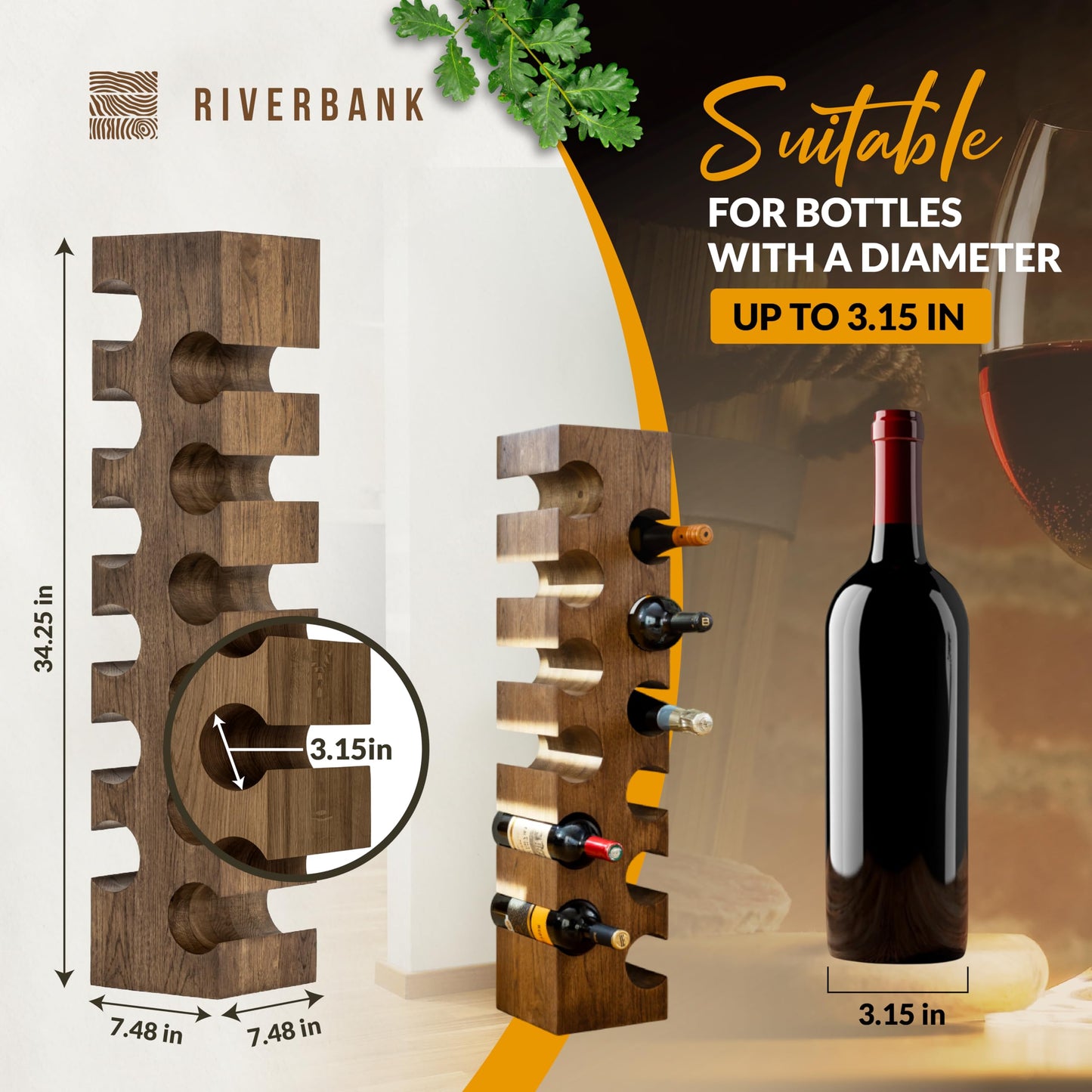 Riverbank Dark Oak Wine Rack, Elegant Free Standing 12-Bottle Holder, Made of Solid Wood, Wooden Wine Stand, Stylish & Luxurious Home Décor (Dark Oak, 12-Bottles)
