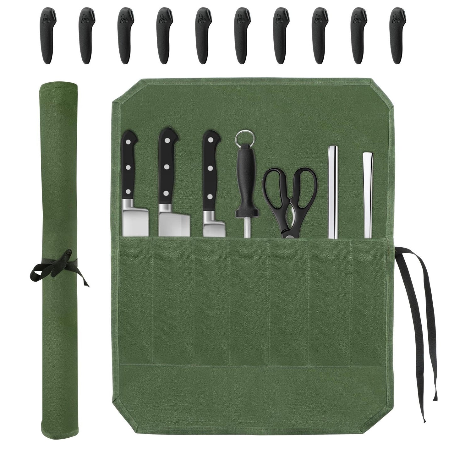 Knife Roll Bag, Chef’s Knife Roll Bag, Waterproof Waxed Canvas Pouch with 7 Slots, Multi-function Cutlery Knives Pouch Holder for Home Kitchen Travel Camping