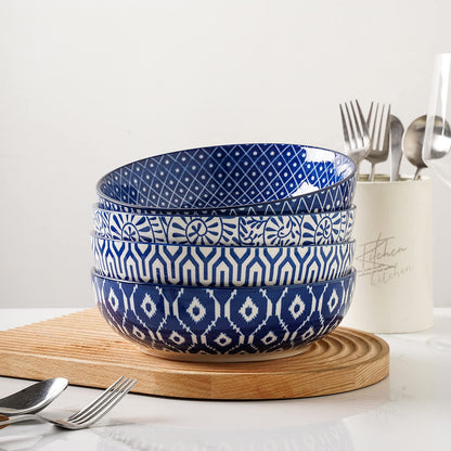 Selamica Ceramic 30 Ounce Pasta Bowls set of 4, 8 inch Serving Bowl Wide and Shallow Microwave Dishwasher Safe, Vintage Blue