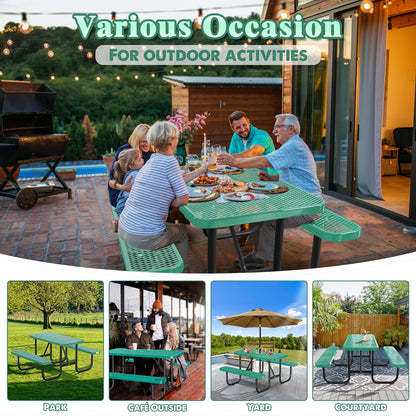 Gaonala 4FT/48IN Heavy Duty Outdoor Picnic Table and 2 Benches for 2-6 People, Weather Resistant Rectangular Steel Picnic Table Set with Umbrella Hole for Yard Patio Lawn Party Green