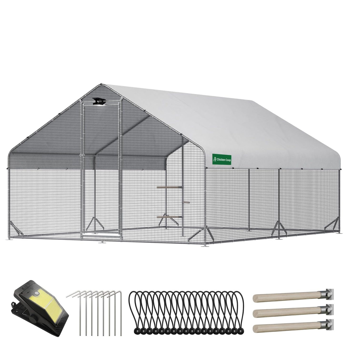 Large Chicken Coop with Chicken Run & Hardware Cloth, Solar Light, Waterproof & UV-Resistant Cover, Outdoor Poultry Cage for Farm Use,2 Room