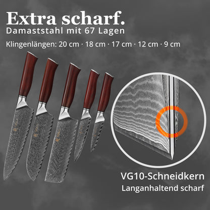 Wakoli Rose Elegance Knife Block Set – 5-Piece Professional Damascus Kitchen Knife Set with Magnetic Block – 67-Layer Damascus Steel with VG10 Core, Ergonomic Rosewood Handles in Gift Box