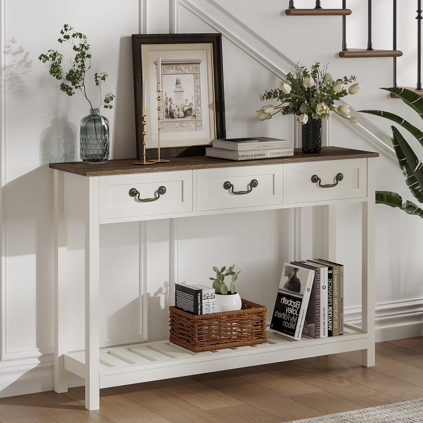 ChooChoo 47" Farmhouse Console Table with 3 Drawers, Rustic Entryway Table, Narrow Long Sofa Table for Living Room, Hallway, Behind Couch, Soft White and Brown
