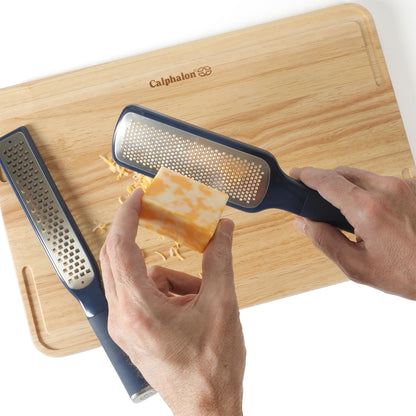 Calphalon Edge 2 Piece Stainless Steel Handheld Cheese Grater and Lemon Zester W/Covers & Rubber Handles - Navy Blue