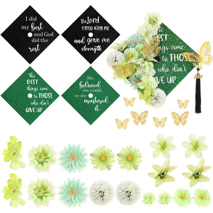 Dunzoom 34 Pcs DIY Graduation Cap Decorations Accessory Kit Artificial Flowers Inspirational Cardstock 3D Butterfly Stickers for DIY Hat Grad Cap Topper Graduation Party Supplies(Green)