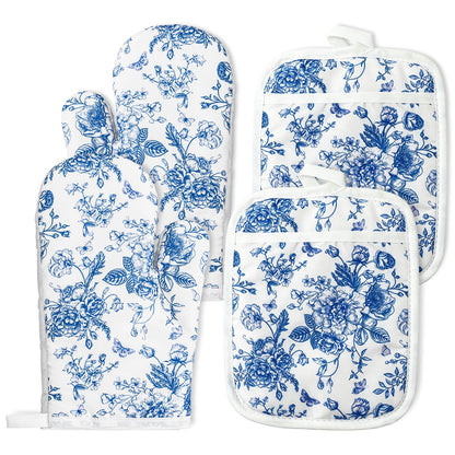 AnyDesign 4Pcs Blue Porcelain Floral Oven Mitts and Pot Holders Set Heat Resistant Non-Slip Potholders Chinoiserie Flower Kitchen Oven Gloves with Hot Pads for Cooking Baking