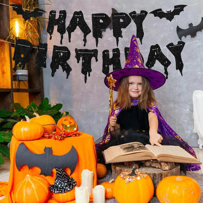 RICHHHA Glitter Black Glitter Happy Birthday Halloween Banner- NO DIY - Halloween Hanging Paper Garland Bunting Banner Decorations, Party Supplies for Kids Boy Girl Birthday