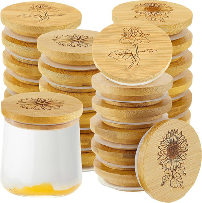 24 Set Gueevin Pieces Yogurt Jar Lids Bulk Bamboo Wooden Lids Compatible with Oui Yogurt Jars Round Reusable