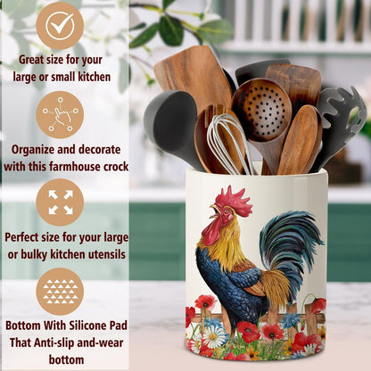 pinata Rooster Kitchen Decor Ceramic Utensil Holder, Cute Rooster Utensils Holder for Farmhouse Indoor Kitchen Decorations Rustic Farmhouse Decor (6.3 inch)