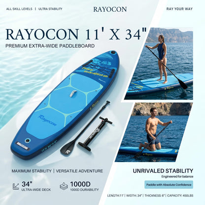 Inflatable Stand Up Paddle Board 11'×34" Extra Wide SUP, Ultra-Stable for Adults & Dog, 450lbs, Dual Chamber Pump, Fiberglass Paddle, Military Grade Dual Layer, Sea Turtle Guardian Design Deep Blue