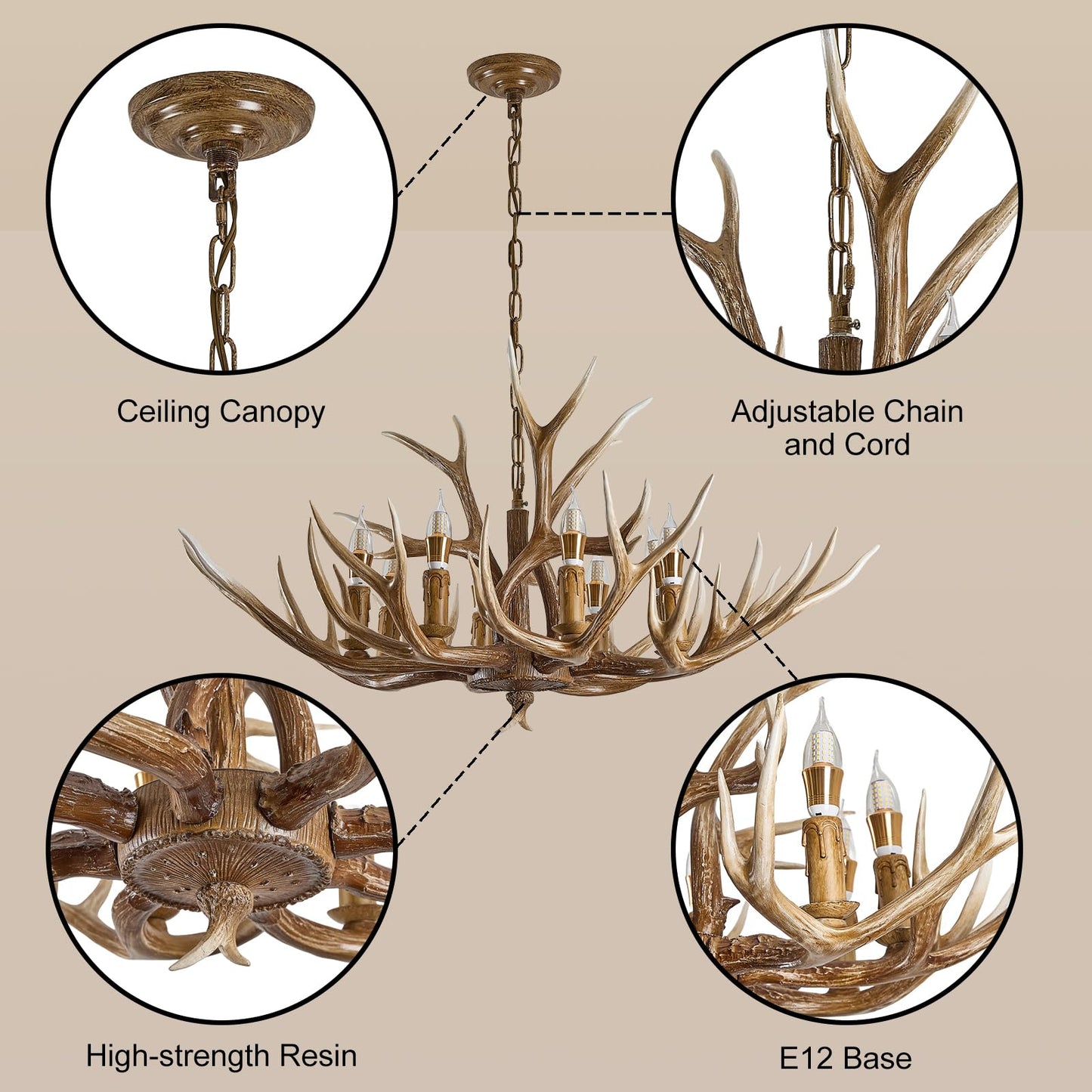 LUJIAODS Antlers Chandelier 8 Light,Deer Chandelier Fixtures,Rustic Farmhouse Horn Antler Lighting for Living Room Bedroom Dining Room Kitchen Cafes,Bars,Kitchen Foyer(8 Lamp Arms+ 3 Arms)