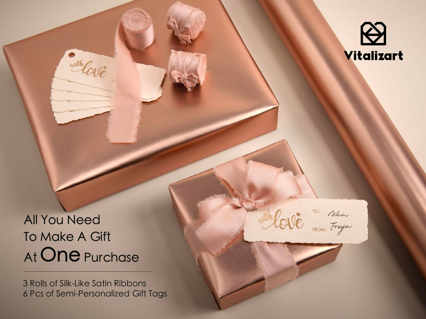 Vitalizart Pink Matte Metallic Wrapping Paper Set 17" With Silk Satin Ribbon & Gift Tags Christmas Gift Wrapping Birthday Baby Shower Wedding Bouquets Handmade Crafts 197"(16.4 Ft) Pink Ribbon