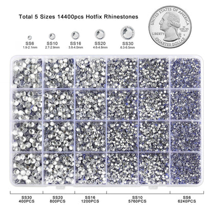 Crystal Hotfix Rhinestones Multi Sizes Kit, 14400 pcs Heat Fix Rhinestone for Bedazzling Clothes Crafts Mixed 5 Sizes with Wax Pencil, Tweezers and Spoon, SS6-SS30, Crystal