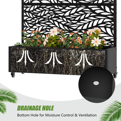 Wooakway 72" H Raised Garden Bed with Trellis and Wheels, Metal Privacy Screen Outdoor Planter Box with Decorative Leaf Pattern, 52 Gal Large Mobile Vertical Planter for Patio, Balcony & Backyard