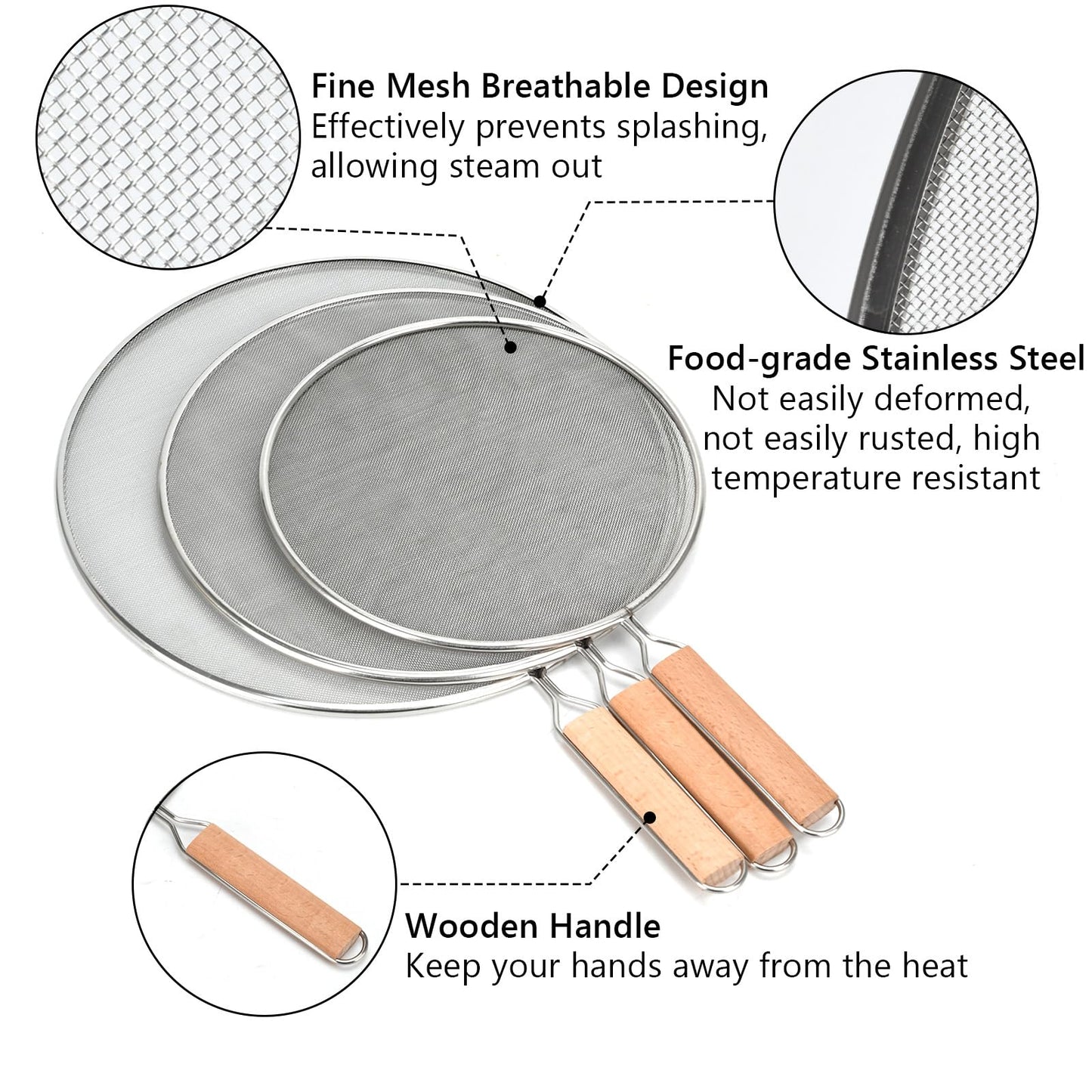 3 Pieces Grease Splatter Screen for Frying Pan, 21/25.5/29cm, with Wooden Handle
