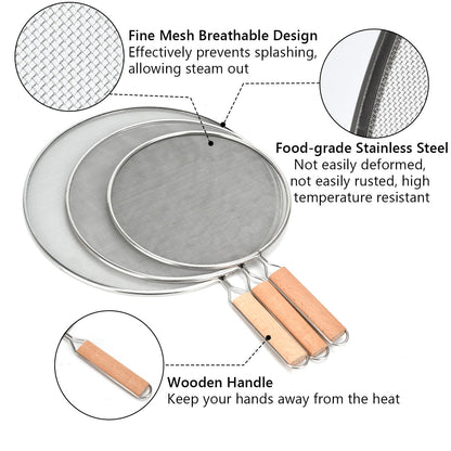 3 Pieces Grease Splatter Screen for Frying Pan, 21/25.5/29cm, with Wooden Handle