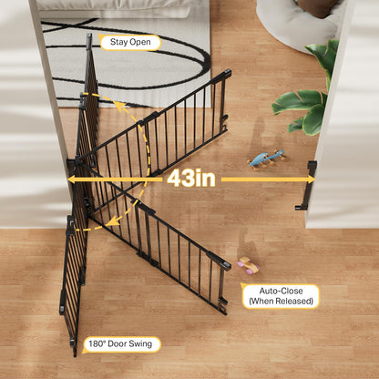 Cumbor 29.2–43" Baby Gate for Stairs, Hardware Mounted (Drill Required), Expandable No Bottom Bar Dog Gate, Auto Close Extra Wide Walk Thru, Pet & Toddler Proof Gate, Top & Bottom of Stairways(Black)