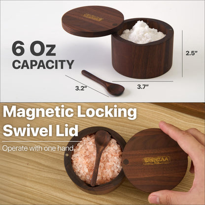 BRENZAA Walnut Wood Salt Cellar With Built in Spoon & Magnetic Swivel Lid, Spice Organizer for Salt, Herbs & Seasonings Storage Box – Kitchen Counter Storage & Gift