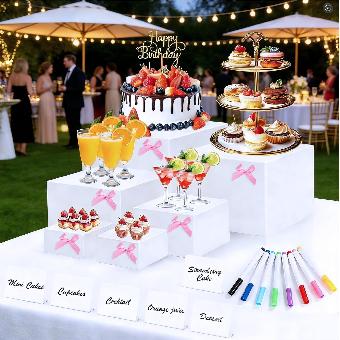 Hokimder 6 Pcs Acrylic Buffet Risers with Mini Signs and Makers, White Food Risers with Bowknot and Hollow Bottoms, Food Display Stands for Party, Dessert, Jewelry & Collectibles (8",7",6",5",4",4")