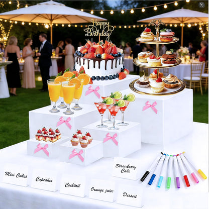 Hokimder 6 Pcs Acrylic Buffet Risers with Mini Signs and Makers, White Food Risers with Bowknot and Hollow Bottoms, Food Display Stands for Party, Dessert, Jewelry & Collectibles (8",7",6",5",4",4")
