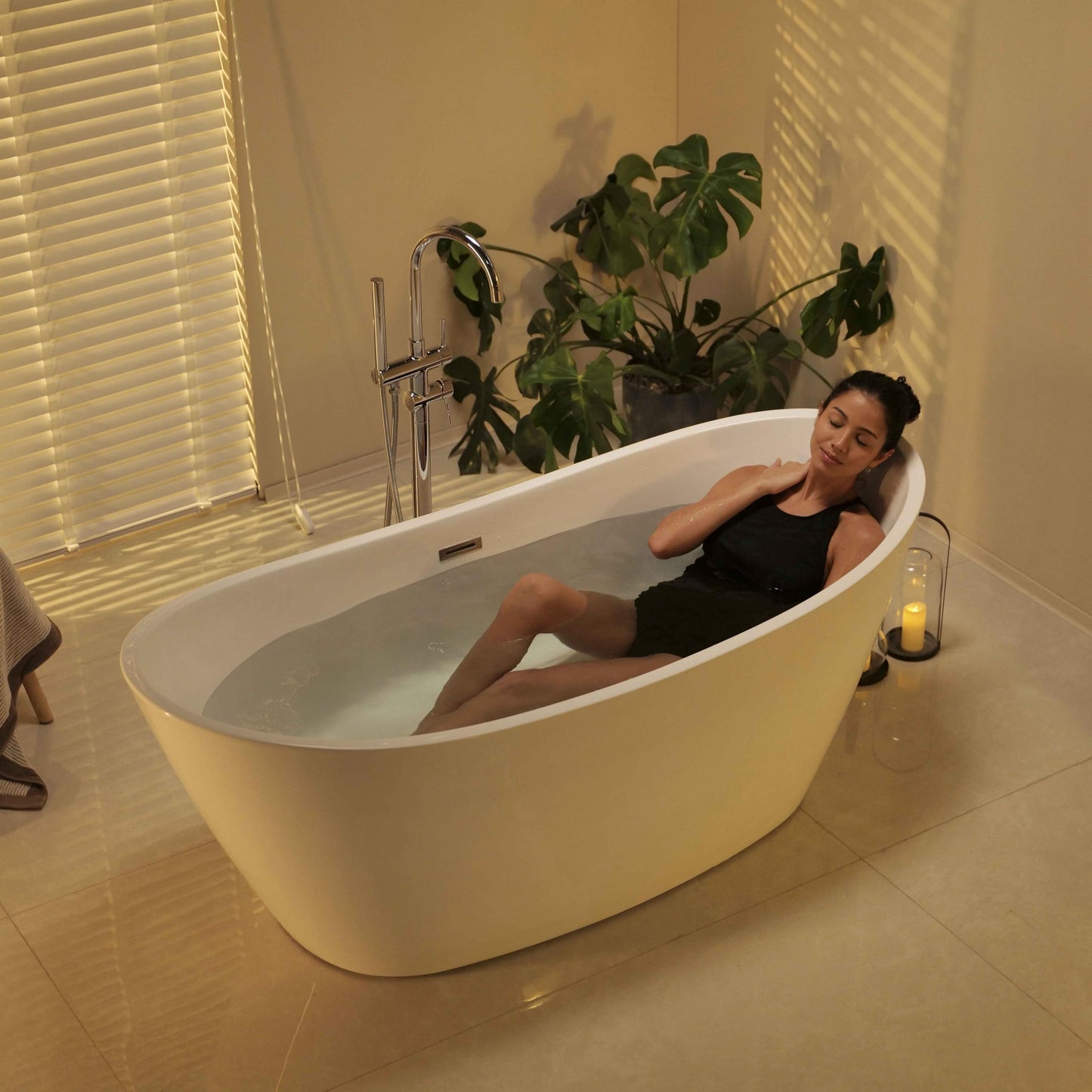 67" Luxury Freestanding Bathtub - Deep Soak Acrylic Tub for Master Bathroom, Modern Standalone Shower Tub with Overflow Drain, Non-Slip Flat Bottom Design, Spa Experience at Home,cUPC Certified