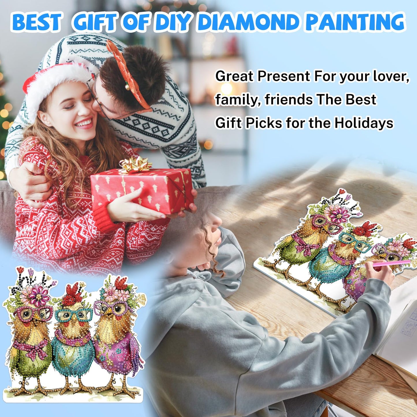 Bowetile Hanging Diamond Art Chicken Kits for Adults, 5D Special Shape Diamond Painting Chicken Kits, Animal Diamond Gem Art Suncatchers Painting Pendant Ornament for Home Garden Wall Decor
