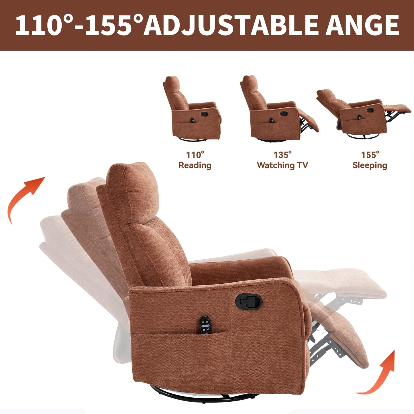 KEIKI 4-in-1 Manual Swivel Rocker Recliner Chair for Living Room, Chenille Nursery Glider Rocking Chairs with Back Massager & Heat, Built for Mobile Home Relaxation on Long Road Trips Journey, Orange