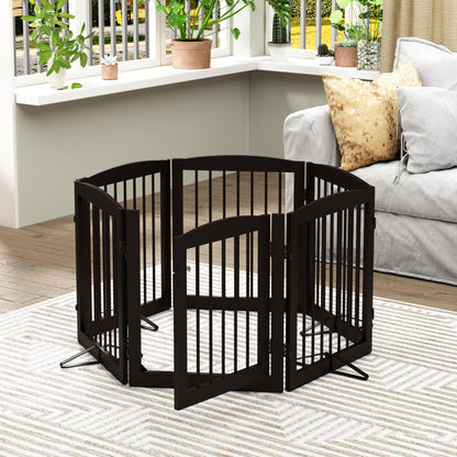 PUPETPO Freestanding Pet Gates with Walk Through Door, Dog Indoor Fence, Dog Gate for The House, Doorway, Stairs, Extra Wide Pet Gate, Support Feet Included, 120 Inch Wide, 6 Panels 24" Tall, Brown