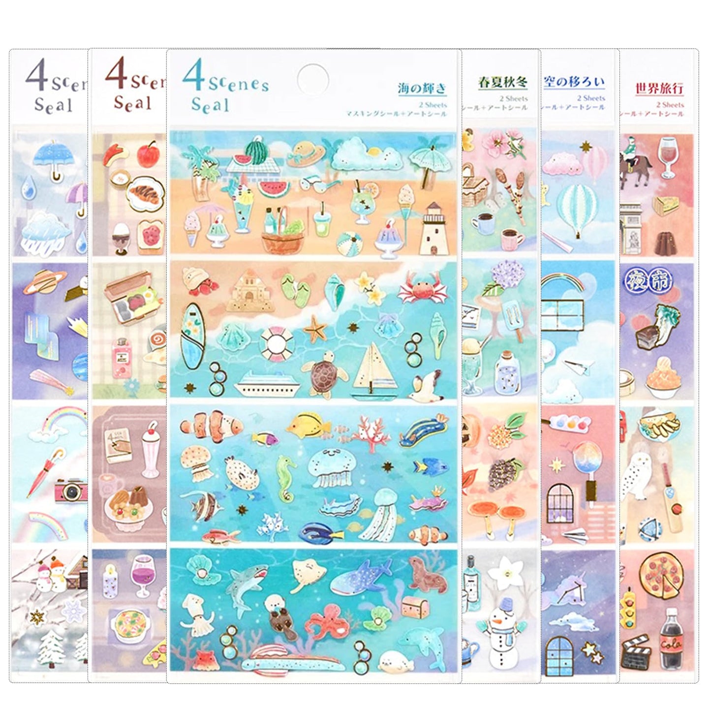 Beautiful Japanese Aesthetic Washi Stickers Set with Gold Foil 12 Sheets 6 Scenes and 6 Mini Stickers for Travel Food Ocean Seasonal and City Themes Perfect for Journals Scrapbooks and Planners