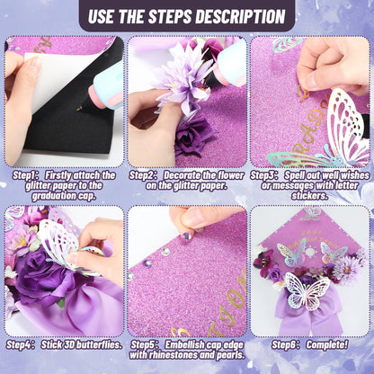 Dunzoom 100 Pcs DIY Purple Graduation Leis and Cap Decorations Kit 55''Double Braided Graduation Ribbon Lei Artificial Flower 3D Butterfly Glitter Paper Grad Cap Topper Accessory for 2026 Grad