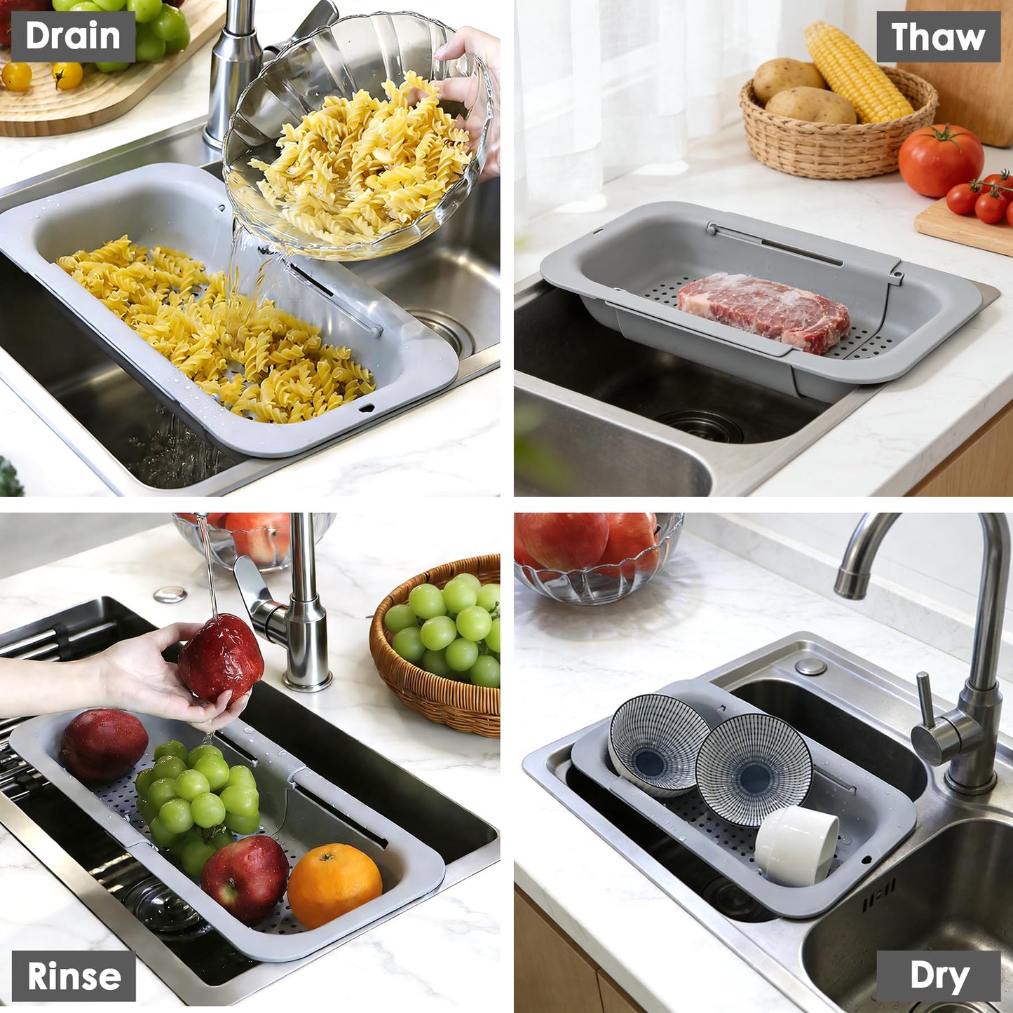 Extendable Colander Strainer Basket, Over the Sink Colander and Strainer for Kitchen, Wash Vegetables and Fruits, Drain Pasta and Dry Dishes, Adjustable Colander from 13.5In to 18.7In, Gray