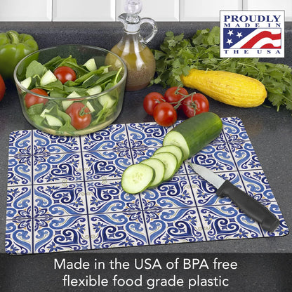 Cut N' Funnel Shades of Blue Designer Flexible Plastic Cutting Board Mat, 15" x 11.5", Easy to Clean, Made in the USA