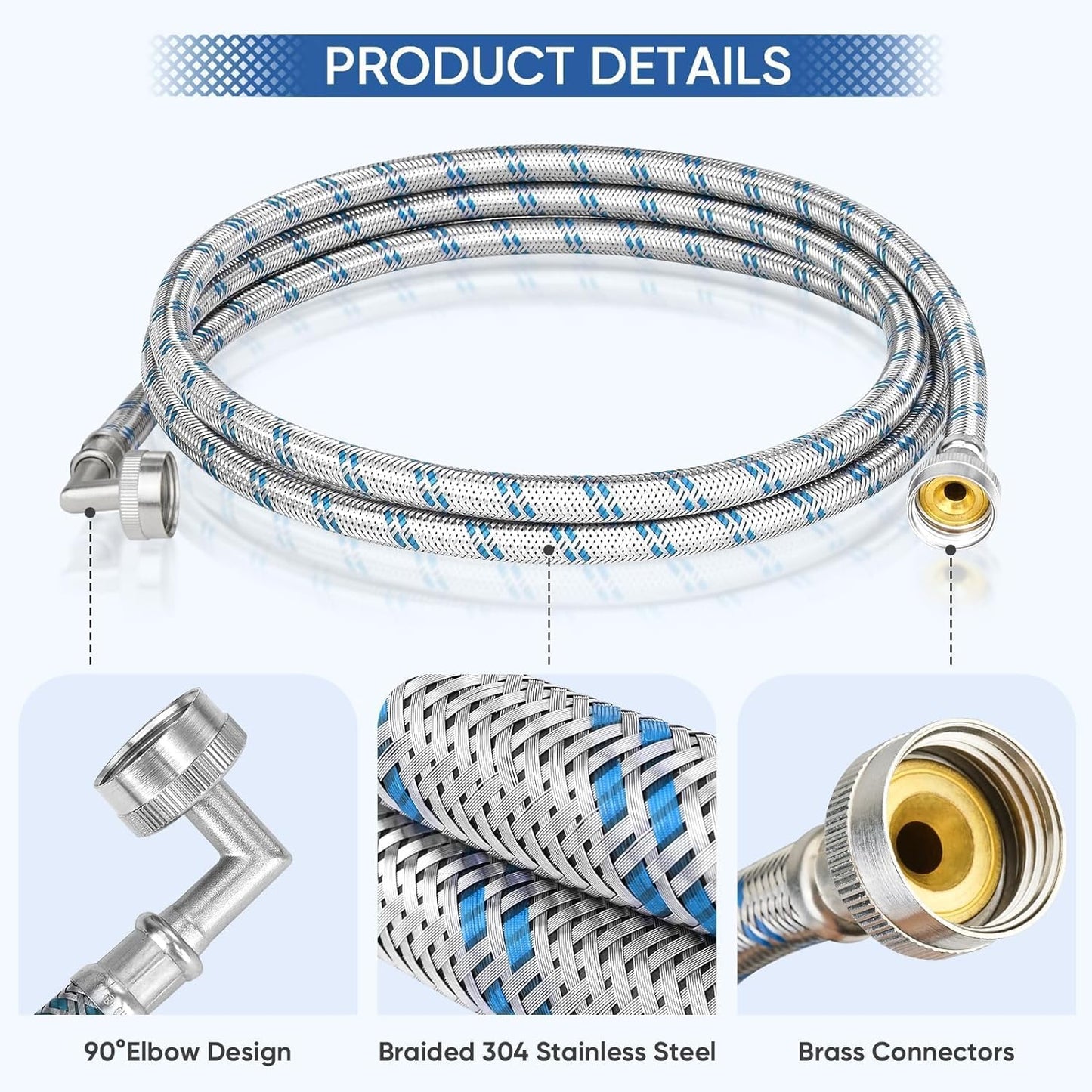 TICONN 6FT Washing Machine Hoses Set, 2 Pack EPDM Braided Stainless Steel Burst-Proof Hoses with 90 Degree Elbow